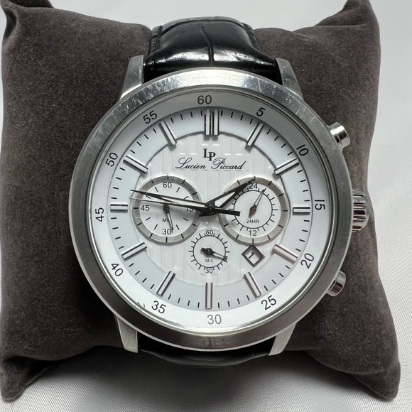 Lucien Piccard 12011 Black Leather Men's Chronograph Watch with White Face - Picture 12 of 12